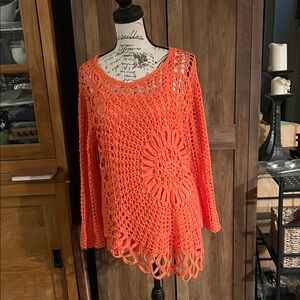 Colleen Lopez Crochet Open-Weave Pull-Over in Bright Coral Orange